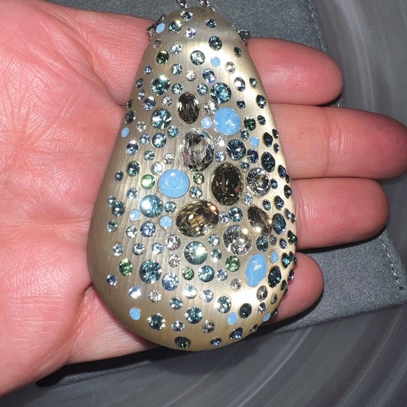 Fabulous Alexis Bittar Lucite and Crystal Taupe and Blue Pendant Drop Necklace- - Picture 2 of 3